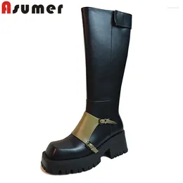 Boots ASUMER 2024 Thick High Heels Platform Shoes Mixed Colors Genuine Leather Winter Woman Ladies Zipper Knee