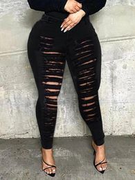 LW Mid Waist High Stretchy Ripped Solid Skinny Jeans Summer Elastic Trousers Sexy Skinny Denim Pencil Pants 240415