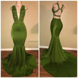 2024 Green Prom Dresses Mermaid Deep V Neck Beaded Floor Length Elastic Satin Sleeveless Evening Formal Wear Cocktail Party Gowns Vestidos Custom Made Plus Size