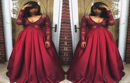 Burgundy Lace See Through Prom Dresses 2017 V Neck Sheer Long Sleeves Satin A Line Evening Gowns Black Girl Cocktail Party Dress1333867