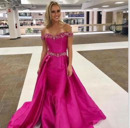 Fuchsia Prom Dresses Overskirts Satin Mermaid Formal Evening Gowns Beading Off The Shoulder Cheap Girls Pageant Dress6025330