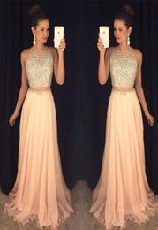 New Two Pieces Prom Dresses Jewel Neck Yellow Peach Chiffon Long Crystal Beads Open Back Party Dresses ALine Evening Gowns HY10254014057