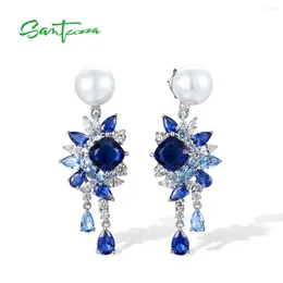 Backs Earrings SANTUZZA Authentic 925 Sterling Silver Drop For Women Sparkling Blue Spinel Cluster Gorgeous Party Gifts Fine Jewelry