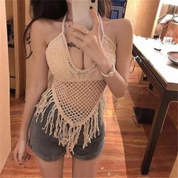 Women's Tanks Retro Lace-up Halter Neck Camisole Lace Tassel Short Top Hollow Knitted Cotton Tube Embroidered Vest