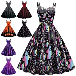 L Halloween Retro Womens Sexy Double Strap Backless Printed A Line Dress