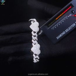 Hot-sale 8mm Heart Diamond Bracelets 925 Silver Gold Plated Vvs d Diamond Moissanite Hiphop Cuban Link Chain Bracelet Men Women