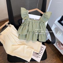 Clothing Sets Girls Suits Summer Sleeve Plaid Vest Shirt Leg Pants 2Pcs Children Baby Kids Outfits Set 2-7Yrs