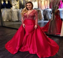 VNeck Luxury Red Beading Mermaid Long Sleeves OpenBack Overskirt Evening Gowns Applique Lace Sexy Prom Dress graduation dresses6581302