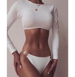 2019 White Long sleeve crop top Transparent strap sexy bikini High cut swim4836254