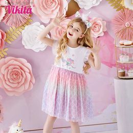 Girl's Dresses VIKITA Kids Mermaid Print Dress Kids Flare Sleeve Summer Infantil Vestidos Girls Mesh Tulle Tutu Princess Party Dresses 3-8 Yrs T240415