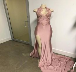 2020 Arabic Sexy Mermaid Prom Dresses Keyhole 3D Floral Lace Appliques Petals Sleeveless High Split Sweep Train Cheap Party Evenin3554492