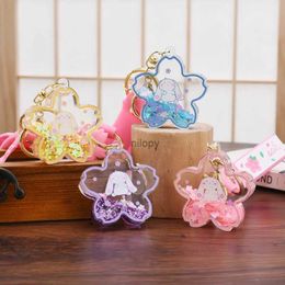 Keychains Lanyards Cute Cartoon Cherry Blossom Into Oil Drift Bottle Acrylic Transparent Creative Keychain Bag Pendant Small Gift