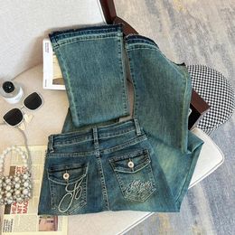 Women's Jeans Embroidered Low Waist Slightly Flared Summer Street Style Trousers Fashion Female Stretch Fitting Denim Pants