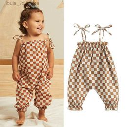 Overalls FOCUSNORM 2 Colours Summer Baby Girls Sweet Romper Clothing 0-24M Strap Sleeveless Lace Up Plaid Printed Jumpsuits T240415