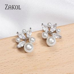 Stud Earrings ZAKOL Elegant White Imitation-pearl For Women Shiny Zircon Leaf Bridal Earring Wedding Dinner Jewelry