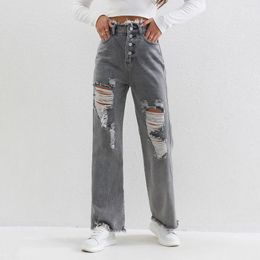 Women's Jeans Wide Leg For Woman Do Old Hole Denim Pants High Rised Ladies Trousers Pocket Long Casual Streetwear Ropa Mujer