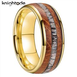 8mm Antler Tungsten Carbide Rings for Men Women Wedding Band Whisky Barrel Oak Wood Inlay Fashion Jewelry Dome Comfort Fit 240415