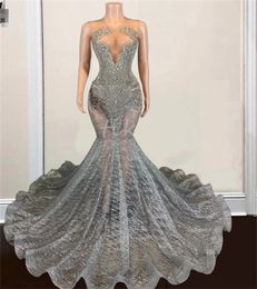 Gorgeous Silver Prom Dresses Baddies Mermaid See Through Black Girls Evening Dress 2024 Fishtail Beaded Dance Ceremony Formal Birthday Party Dress Robes De Soiree