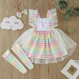 Girl Dresses 1-5Y Baby Girls Easter Dress Outfits Sleeve Square Neck Plaid Tulle A-line Long Socks Kids Summer Clothes