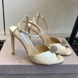 Top quality summer Fish mouth stiletto sandals crystal ball decoration Ankle Strap Dress shoes Luxury designer pearl ball decoration womens heels sandals With box
