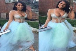 Sexy See Through Prom Dresses 2017 Deep U Neck Crystals Beaded Long Sleeves Light Blue Evening Gowns South African Cocktail Party 7432485