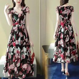 Party Dresses Summer Vintage Broken Flowers For Women Short Sleeve Elegant V-Neck A-Line Waist Stylish Folds Drawstring Midi Dress