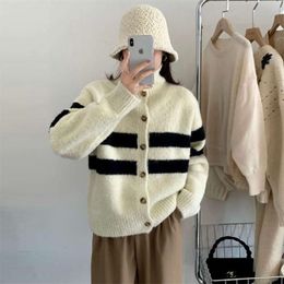 Korean Version of Autumn Winter New Stand Up Collar with Contrasting Stripes, Knitted Cardigan Women, Loose and Lazy Style Sweater for Outerwear