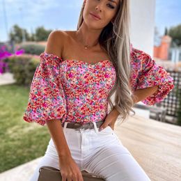 Women Sexy Top Summer Off Shoulder Floral Blouses Boho Casual Backless Blouse Female Holiday Slash Neck Tops Clothing 240415