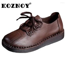 Casual Shoes Koznoy Women's Moccasins 3cm Retro Comfy Authentic Genuine Leather Autumn Spring Flats Round Toe Soft Soled Lace Up Female