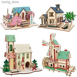 3D Puzzles Small House Villa 3D Wooden Construction Puzzles Building Model Wood Jigsaw DIY Educational Assembled Toys For Children Kids Y240415