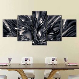 5 Panel Black And Silver Abstract Wall Art, Modern Pearly Silk Canvas Painting, for Living Room Wall Decoration, Cuadros