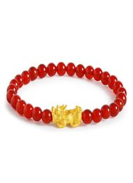 999 Real Yellow Gold Bracelet Women Luck Bless Pixiu Charm with Red Agate Beads Bracelet 6 LJ2010207858945