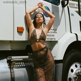 Sexy Skirt y2k Fishnet Rhinestone Women Skirt Set y Hollow Out Bikini Crop Tops With Shiny See Through Mini Skirt Party Evening Clothing L49