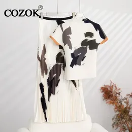 Work Dresses COZOK Loose Pleated Two-Piece Sets Printed Slim Short Sleeve T-shirt Top High Waist All-match Fashion Skirt 2024 WT926