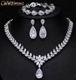 Elegant Women Wedding Jewellery African CZ Crystal Leaf Drop Bridal Necklace Bracelet and Earrings Jewellery Sets T294 2107143429189