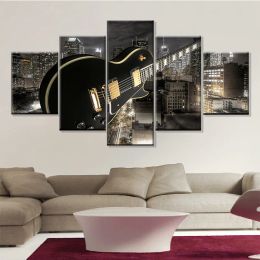 5 Panel Gitarrenmusik Bild Leinwand Malerei Stadtlandschaft Plakate Wohnzimmer Wandkünstler Residenz Dekorative Wohnkultur Kein Rahmen