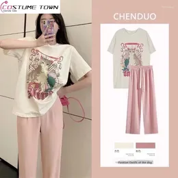 Women's Two Piece Pants 2024 Spring/Summer Sweet Set Short Sleeve T-shirt Loose Design Fashion Slim Top With Pink Wide Leg