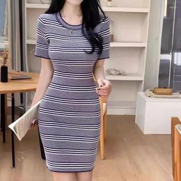 Casual Dresses Summer Women's Stripe Knitted Dress Korean Chic O-neck Short Sleeve Bodycon Sweater Vestidos Sexy Slim Fit Elastic Robe K096