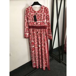 Spring/summer Womens Blue and White Porcelain Pattern Printed Waist Slimming Long Sleeves Large Swing Dress