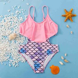 One-Pieces Retro Teenage Girls One Piece Swimsuit 7-12 Years Kids Swim Suit Ruffled Swimwear Children Fish Scales Print Beach Bathing Suits Y240412