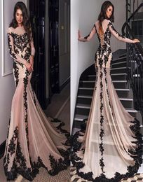 Chiffon Bateau Neckline Mermaid Evening Dresses With lace Appliques Long Sleeves Nude and Black Prom Dresss trumpet prom Gowns2430414