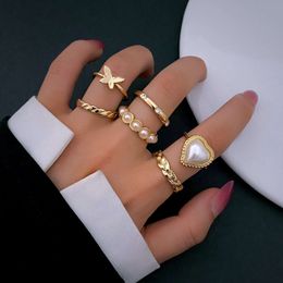 Diamond Inlaid Ring, Female Design Sense, Niche Creativity, Butterfly Pearl Joint Ring Set, 6-piece Set