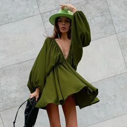 Office Sexy Low Cut Pleated Dresses Backless Lantern Sleeve Summer Dress Woman VNeck High Waist Casual ALine Green 240415