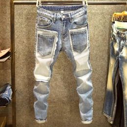 Men's Jeans Fashion Brand Multi-Pocket Contrast Colour Stitching Patchwork