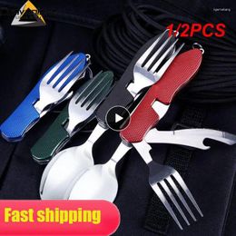 Dinnerware Sets 1/2PCS 4-in-1 Multitool Camping Utensils Portable Stainless Steel Foldable Spoon Fork Knife Bottle Opener Combo Set