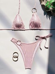 Women's Swimwear Sexy Ring Shinny Pink Metallic Glitter Micro Bikinis Sets Two Pieces Halter Tie Thong Swimsuits Beachwear Bathing Suits