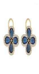 Stud Vintage Royal Clover Blue Crystal Sapphire Gemstones Diamonds Earrings For Women Gold Color Jewelry Bijoux Party Accessorie18464112