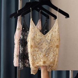 Women'S Tanks & Camis Y Hollow Out Women Lace Bead Work Tops Bling Gold Sequins 220519 Drop Delivery Apparel Clothing Tees Dhz8D