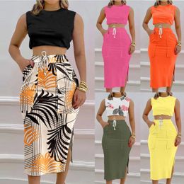Work Dresses 2PCS Matching Sets 2024 Summer Women Short Top Long Skirt Printing O-Neck Sleeveless Slim Ladies Suits Pocket Loungewear Outfit