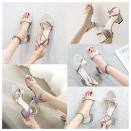 New Luxury Thick heeled sandals for women white blue versatile in summer gentle in the middle heel Roman buckle strap high heels
